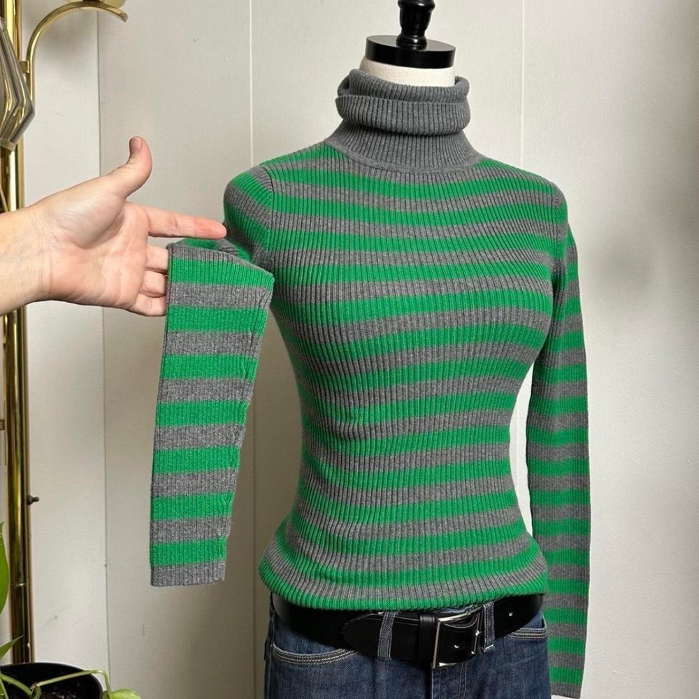 Moda International Vintage Y2K Striped Turtleneck Ribbed Cotton Sweater XS Green